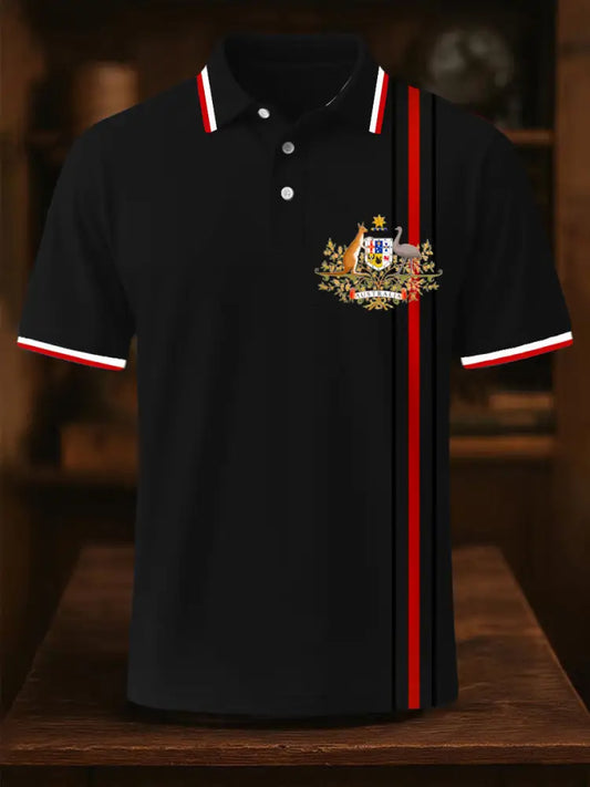 Men’s Vintage Australian Kangaroo and Emu Flag Colour Blocking Printed Casual Cotton Short Sleeve Polo Shirt Black / S