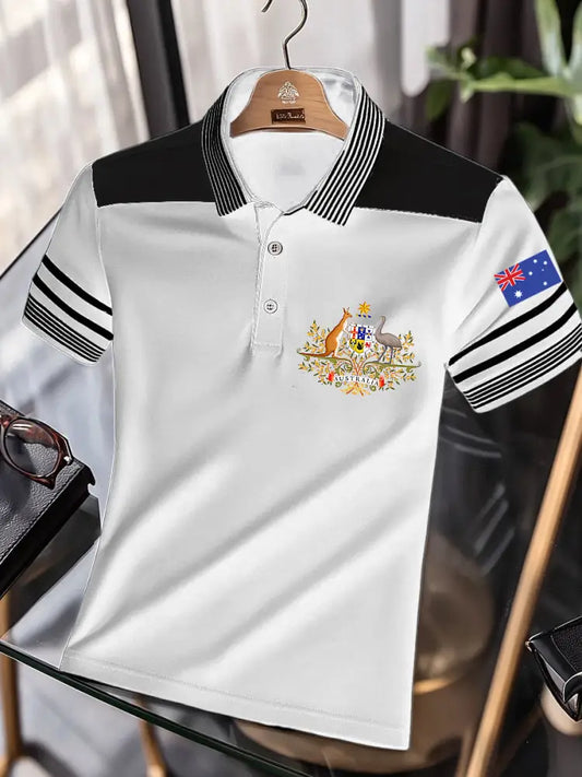 Men’s Vintage Australian Kangaroo and Emu Flag Colour Blocking Printed Casual Cotton Short Sleeve Polo Shirt White / S