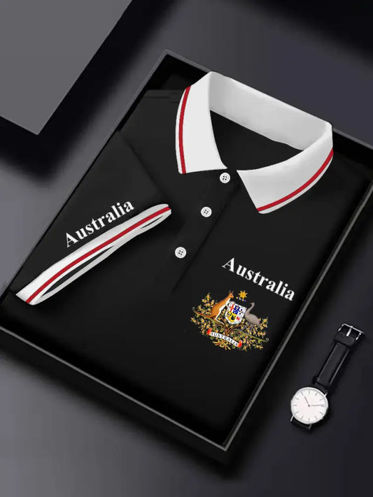 Men’s Vintage Australian Kangaroo and Emu Flag Printed Casual Cotton Short Sleeve Polo Shirt Black / S