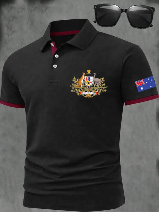 Men’s Vintage Australian Kangaroo and Emu Flag Printed Casual Cotton Short Sleeve Polo Shirt Black / S