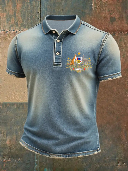 Men’s Vintage Australian Kangaroo and Emu Flag Printed Casual Cotton Short Sleeve Polo Shirt Blue / S