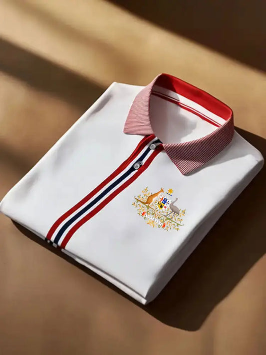 Men’s Vintage Australian Kangaroo and Emu Flag Printed Casual Cotton Short Sleeve Polo Shirt Red / S
