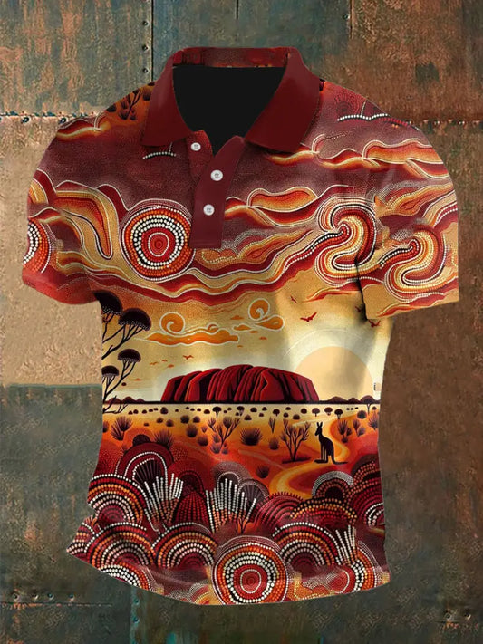 Men’s Vintage Australian Kangaroo Uluru Sunset Aboriginal Dot Art Painting Printed Casual Cotton Short Sleeve Polo