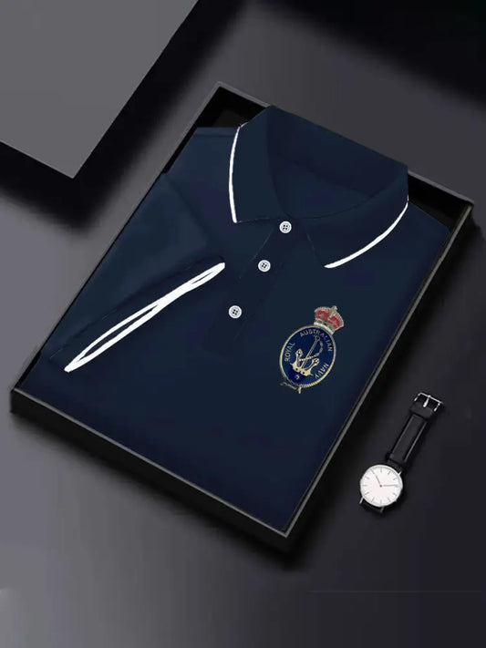 Men’s Vintage Australian Navy Badge Printed Casual Cotton Short Sleeve Polo Shirt Blue / S