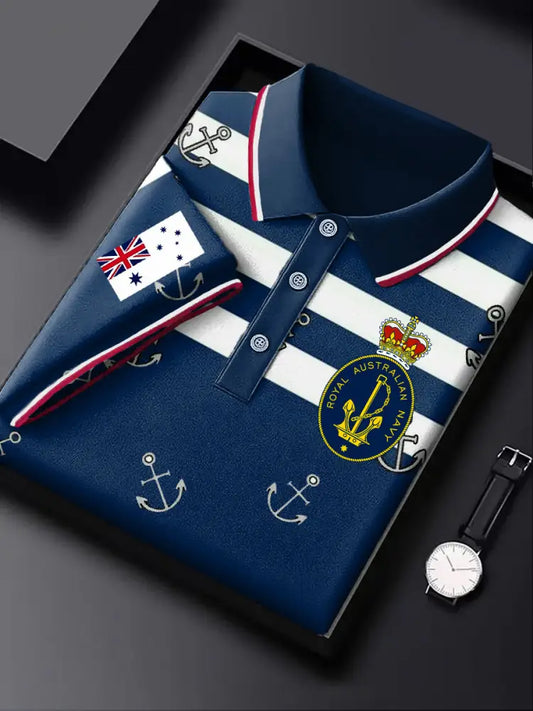 Men’s Vintage Australian Navy Emblem Print Business Daily Short Sleeve Polo Shirt Colorful / S