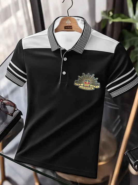 Men’s Vintage Australian Patriotic Flag Emblem Crown Printed Casual Cotton Short Sleeve Polo Shirt Black / S