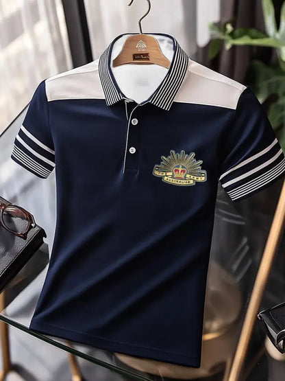Men’s Vintage Australian Patriotic Flag Emblem Crown Printed Casual Cotton Short Sleeve Polo Shirt Dark Blue / S