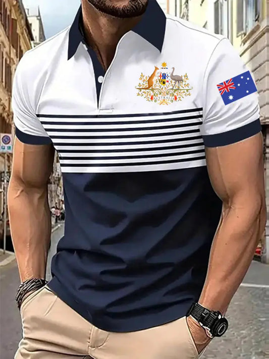 Men’s Vintage Australian Patriotic Flag Emblem Printed Casual Cotton Short Sleeve Polo Shirt Blue / S