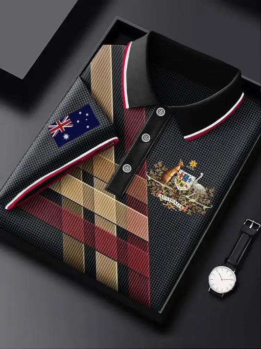 Men’s Vintage Australian Stripe Badge Print Business Daily Short Sleeve Polo Shirt Colorful / S