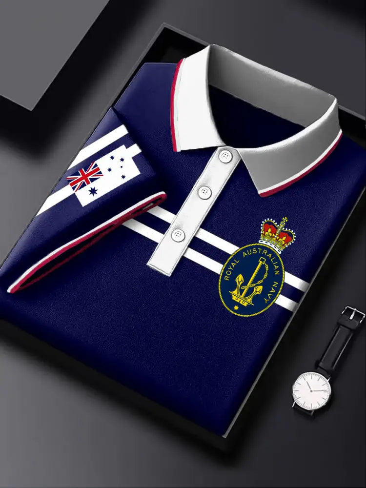 Men’s Vintage Australian Striped Navy Emblem Printed Business Daily Short Sleeve Polo Shirt Colorful / S