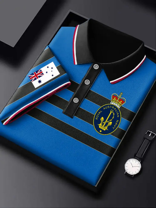 Men’s Vintage Australian Striped Navy Emblem Printed Business Daily Short Sleeve Polo Shirt Colorful / S