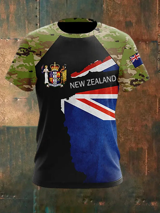 Men’s Vintage New Zealand Flag Camouflage Print Casual Cotton Short Sleeve T-Shirt Green / S