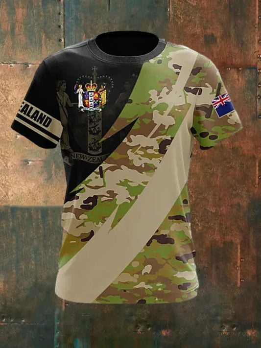 Men’s Vintage New Zealand Flag Crown Camouflage Print Casual Cotton Short Sleeve T-Shirt Green / S