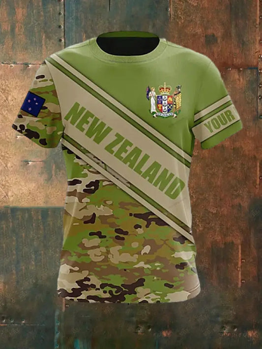 Men’s Vintage New Zealand Flag Crown Camouflage Print Casual Cotton Short Sleeve T-Shirt Green / S