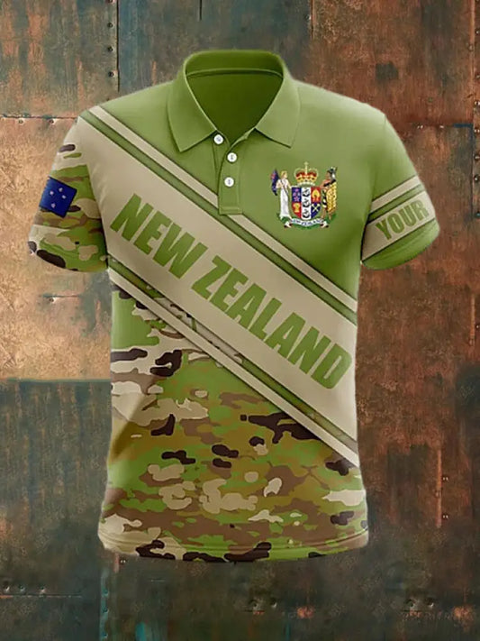 Men’s Vintage New Zealand Flag Crown Camouflage Printed Casual Cotton Short Sleeve Polo Shirt Green / S