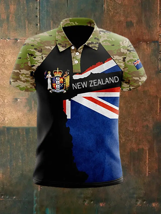 Men’s Vintage New Zealand Flag Crown Camouflage Printed Casual Cotton Short Sleeve Polo Shirt Green / S