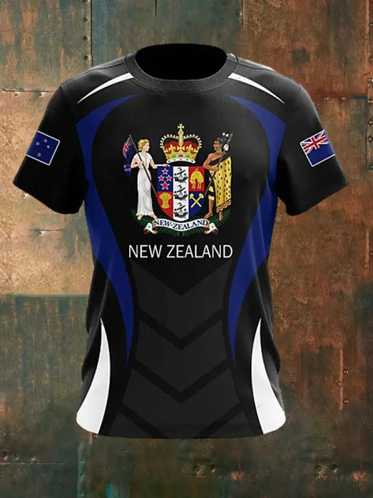 Men’s Vintage New Zealand Flag Crown Print Casual Cotton Short Sleeve T-Shirt Black / S