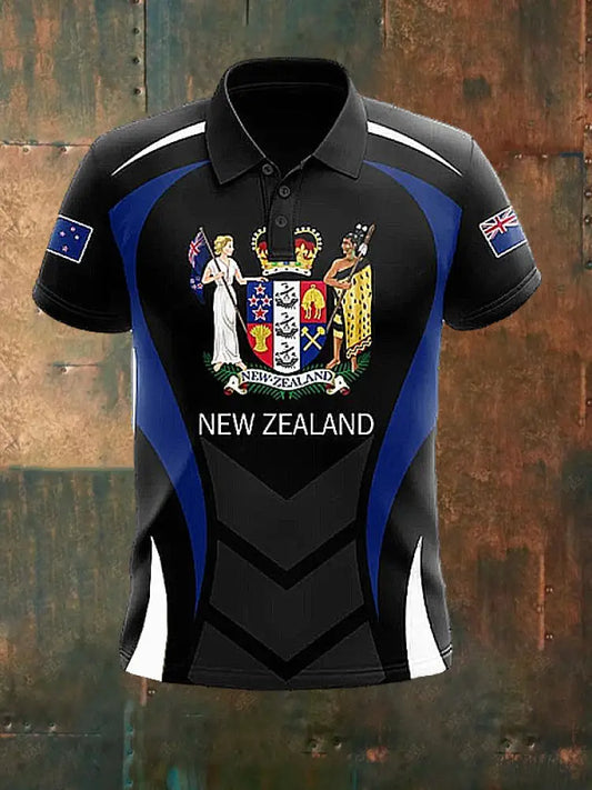 Men’s Vintage New Zealand Flag Crown Printed Casual Cotton Short Sleeve Polo Shirt Black / S