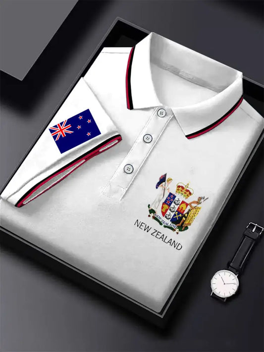 Men’s Vintage New Zealand Flag Crown Printed Casual Cotton Short Sleeve Polo Shirt White / S