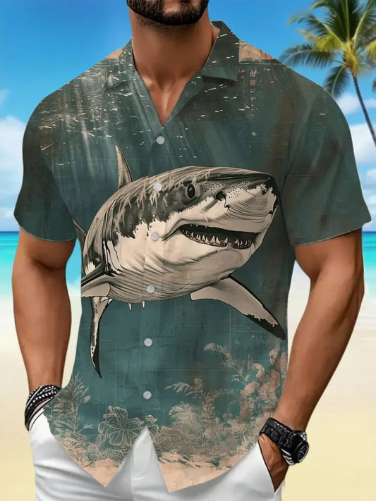 Men’s Vintage Shark Print Casual Short-Sleeve Vacation Shirt Jade Green / S