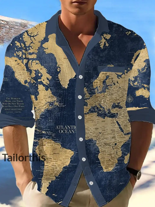 Men’s World Map Waffle Long Sleeve Shirt As picture / S Men’s Clothing