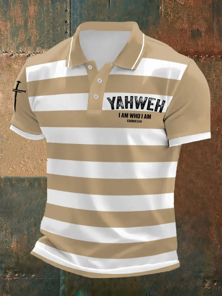 Men’s Yahweh I Am Who I Am Cross Faith Stripes Print Casual Polo Khaki / S