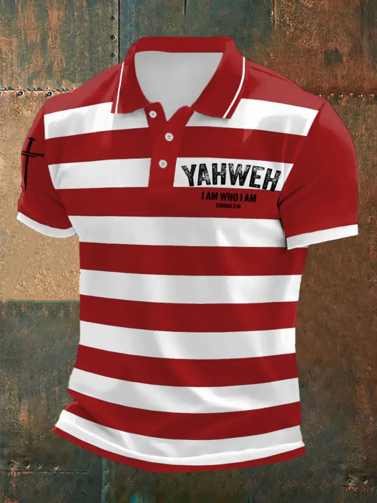 Men’s Yahweh I Am Who I Am Cross Faith Stripes Print Casual Polo Red / S