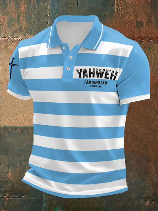 Men’s Yahweh I Am Who I Am Cross Faith Stripes Print Casual Polo Sky Blue / S