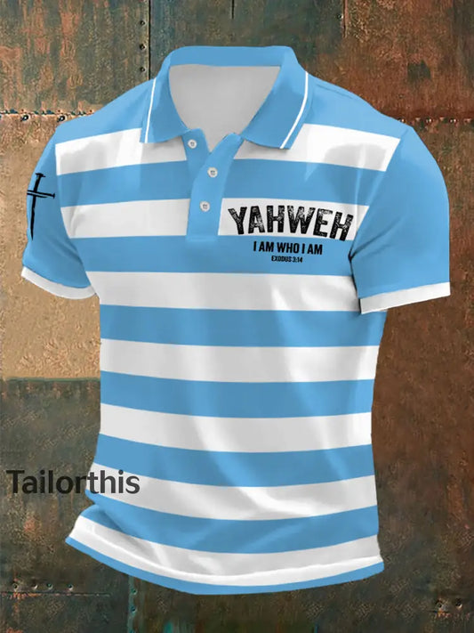 Men’s Yahweh I Am Who I Am Cross Faith Stripes Print Casual Polo Sky Blue / S