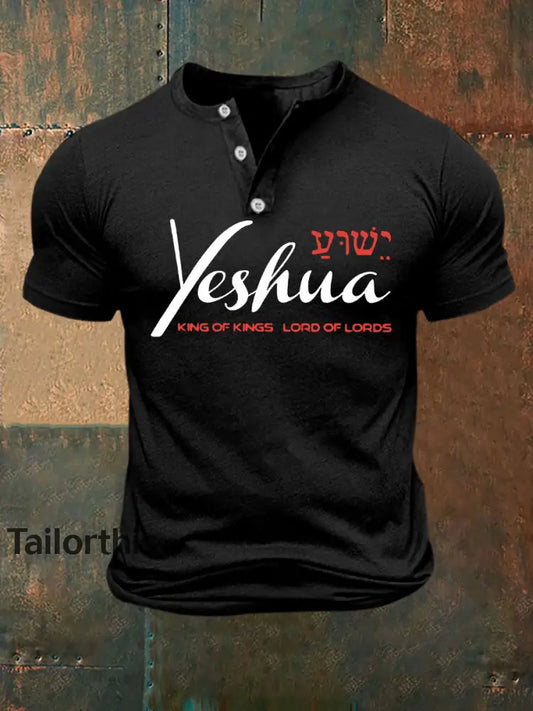 Men’s Yeshua King of Kings Lord of Lords Printed Casual Button T-Shirt Black / S