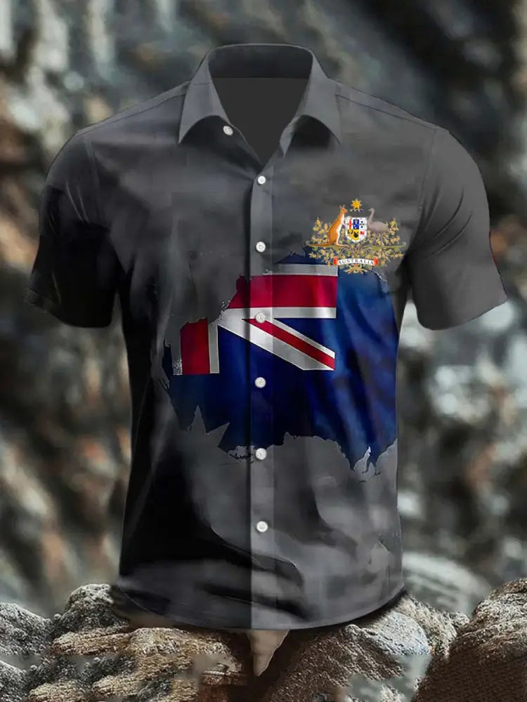 Retro Australian Flag Badge Region Print Casual Cotton Short Sleeve Shirt Gray / S