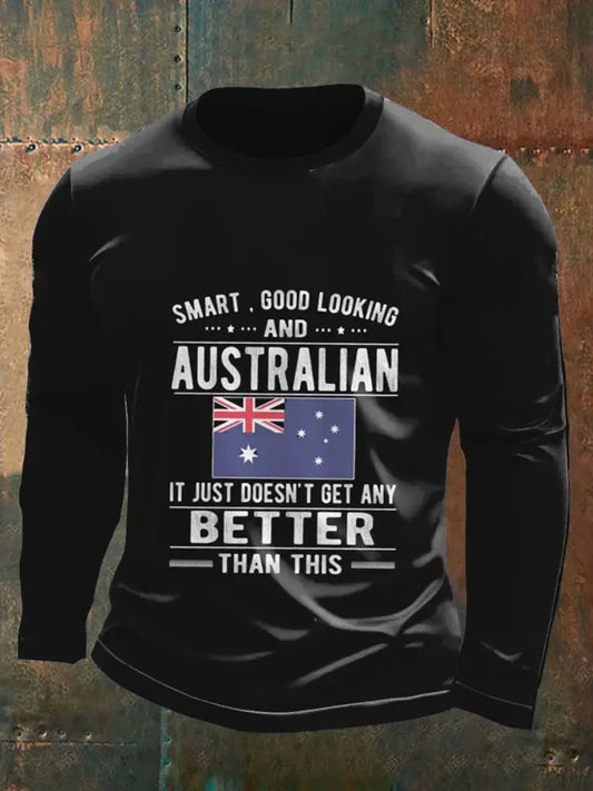 Retro Australian Flag Badge Slogan Print Casual Cotton Long Sleeve T-Shirt Black / S
