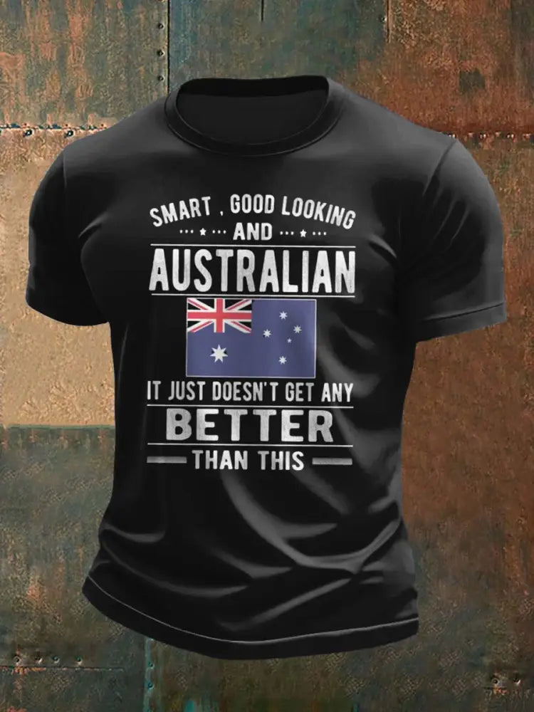 Retro Australian Flag Badge Slogan Print Casual Cotton Short Sleeve T-Shirt Black / S