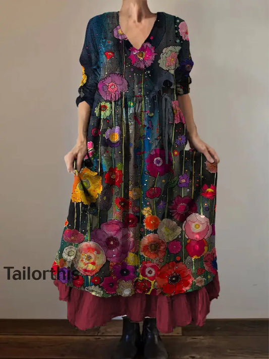 Retro Boho Floral Botany Print Vintage V-Neck Double Hemline Cotton Long Sleeve Midi Dress A / S