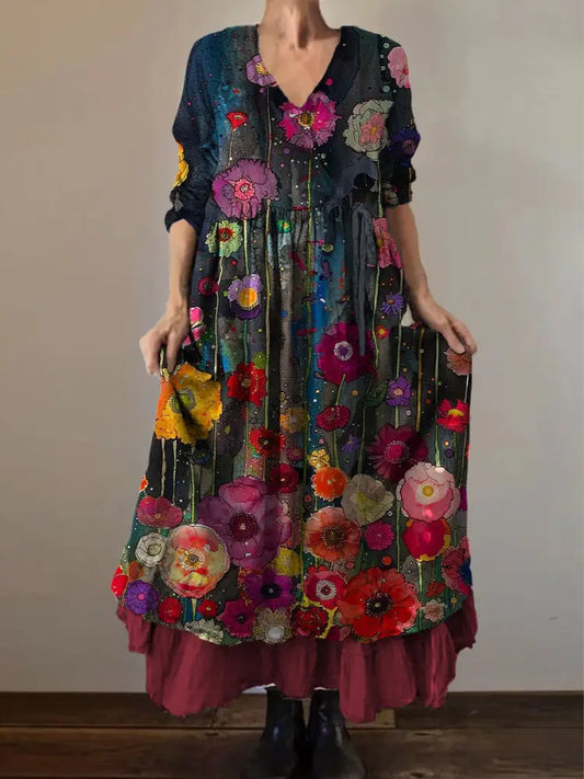 Retro Boho Floral Botany Print Vintage V-Neck Double Hemline Cotton Long Sleeve Midi Dress A / S