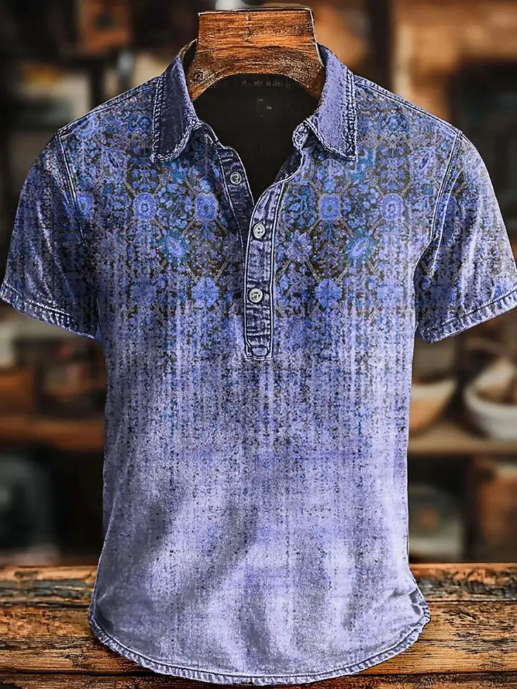 Retro Ethnic Gradient Art Print Casaul Short SLeeve Polo Shirt Blue / S
