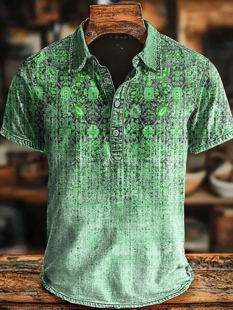 Retro Ethnic Gradient Art Print Casaul Short SLeeve Polo Shirt Green / S