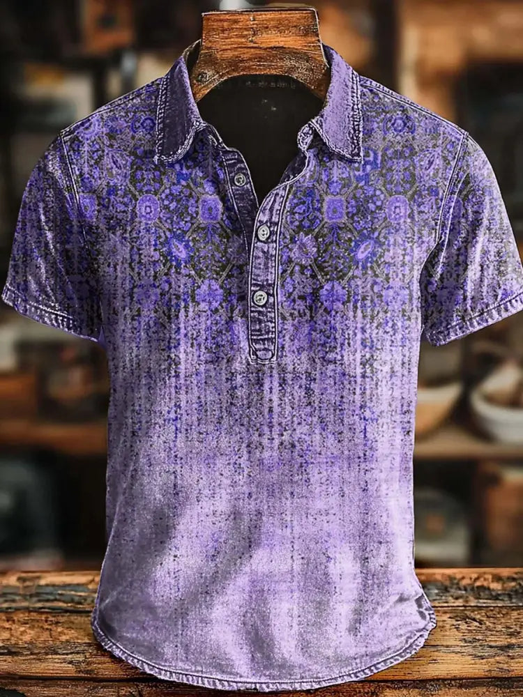 Retro Ethnic Gradient Art Print Casaul Short SLeeve Polo Shirt Purple / S