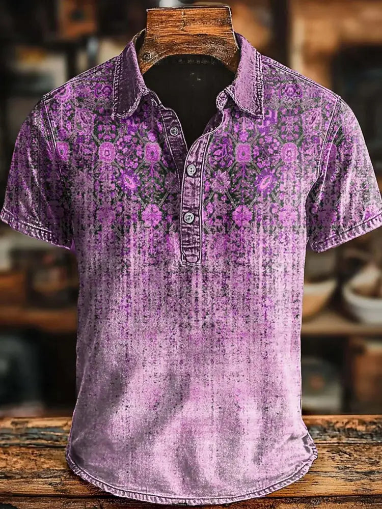 Retro Ethnic Gradient Art Print Casaul Short SLeeve Polo Shirt Rose Red / S