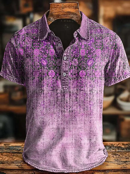 Retro Ethnic Gradient Art Print Casaul Short SLeeve Polo Shirt Rose Red / S