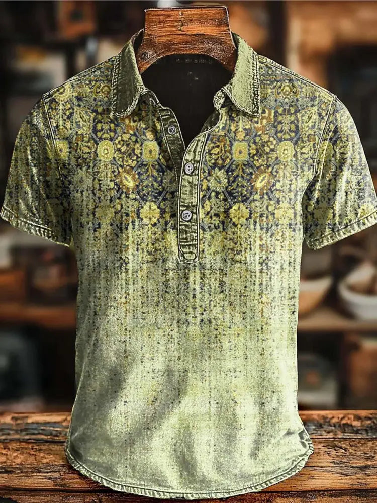 Retro Ethnic Gradient Art Print Casaul Short SLeeve Polo Shirt Yellow / S