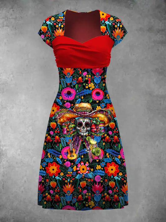 Retro Mexican flowers Art Print Short Sleeve Dress A / S Women’s Clothing