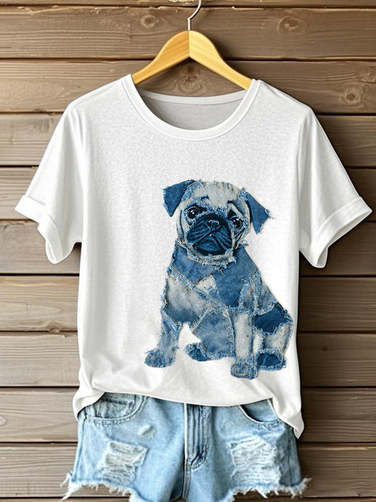 Women's Cute Dog Patchwork Art Short Sleeve T-Shirt