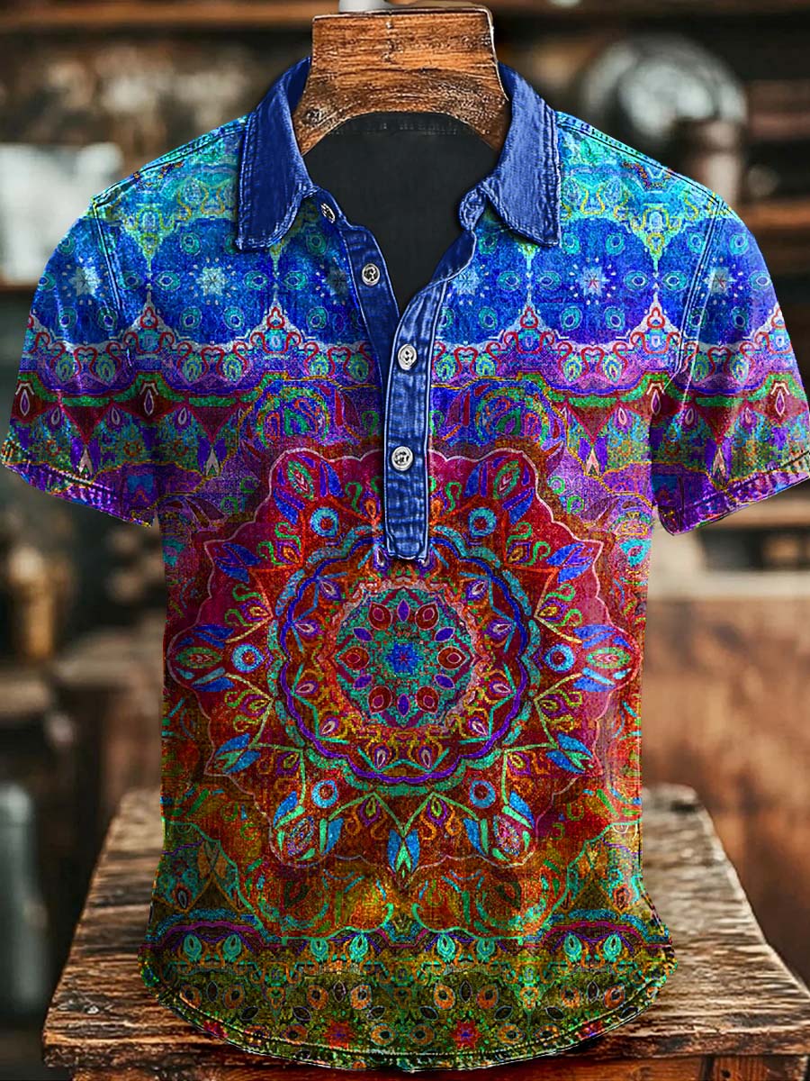 Colorful Mandala Print Casual Fashion Short Sleeve Polo Shirt