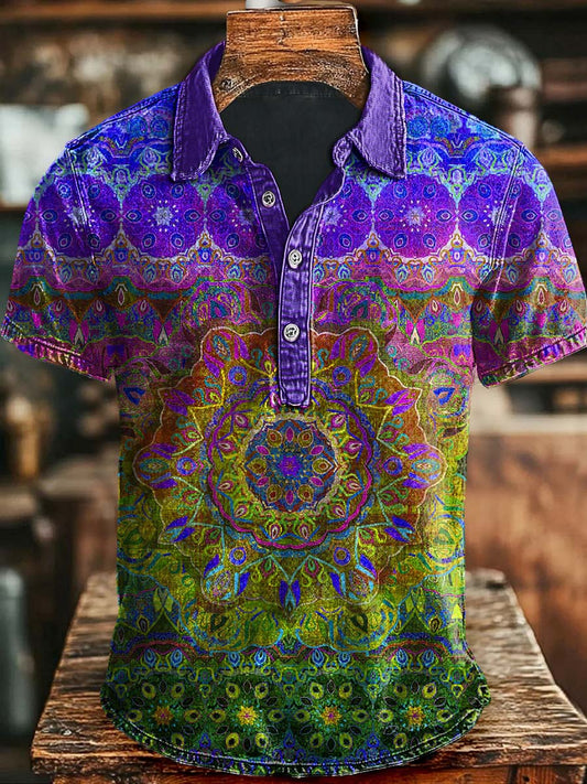 Colorful Mandala Print Casual Fashion Short Sleeve Polo Shirt