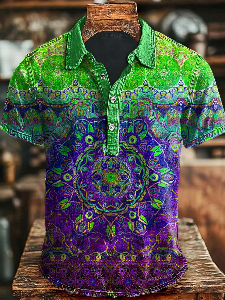 Colorful Mandala Print Casual Fashion Short Sleeve Polo Shirt