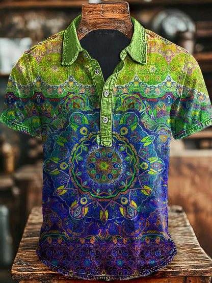 Colorful Mandala Print Casual Fashion Short Sleeve Polo Shirt