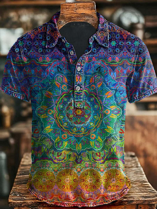 Color Gradient Mandala Print Casual Short Sleeve Polo Shirt