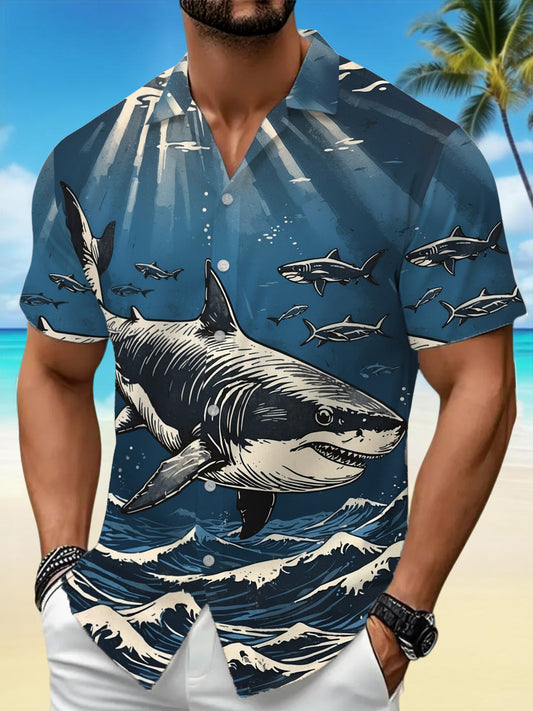 Men's Vintage Sharks Print Casual Short-Sleeve Vacation Shirt