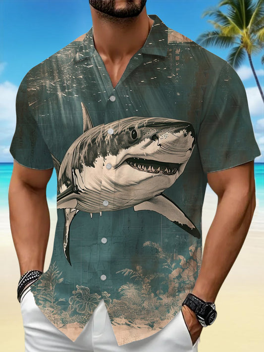 Men's Vintage Shark Print Casual Short-Sleeve Vacation Shirt
